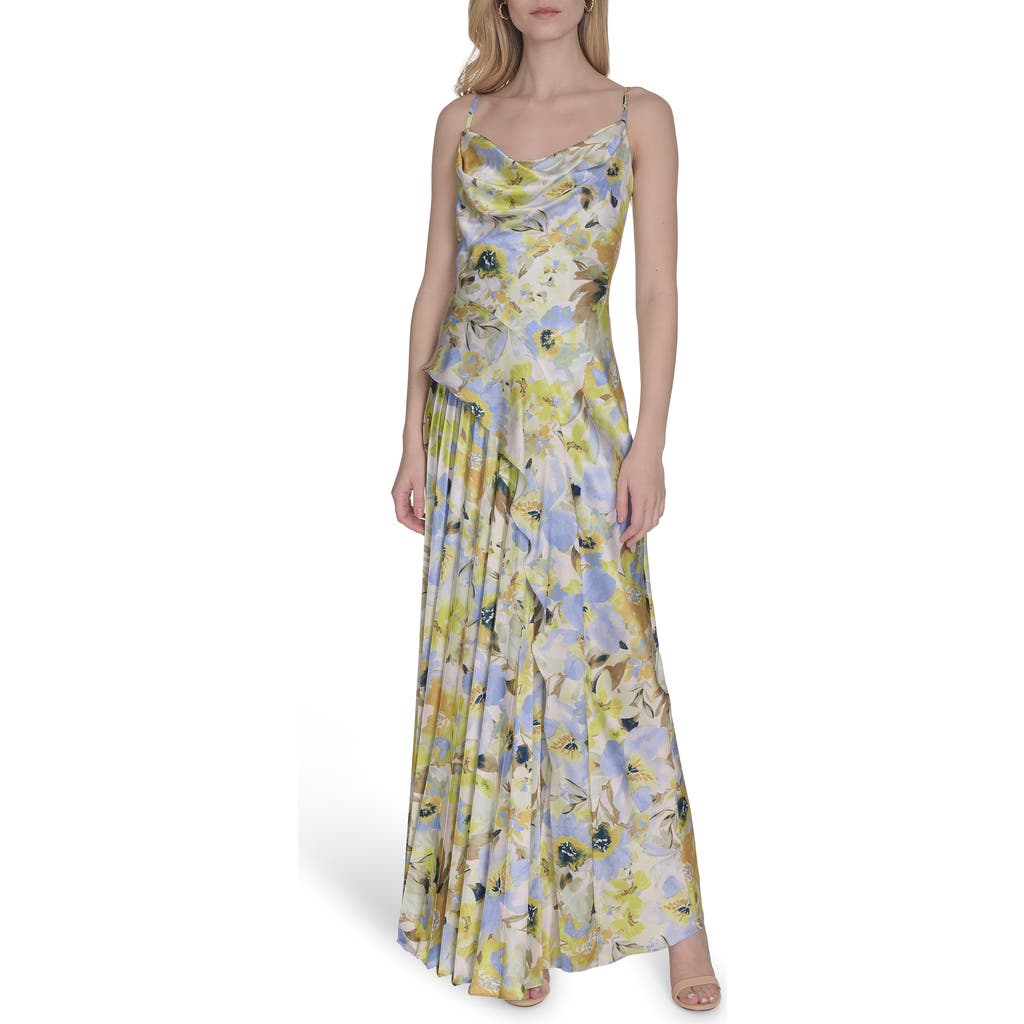 Vince Camuto Floral Cowl Neck Satin Gown In Blue Multi