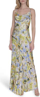 Vince Camuto Floral Cowl Neck Satin Gown