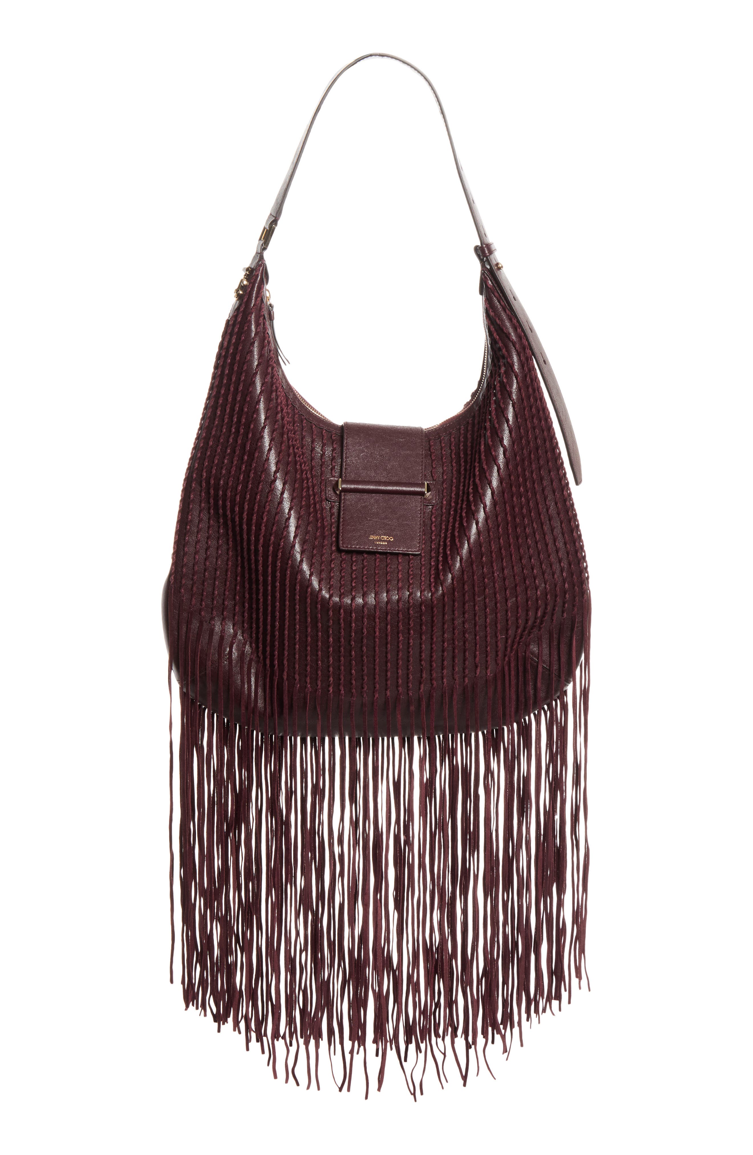 Bar Medium Leather Fringe Hobo, Main, color, DEEP MERLOT/ SHINY GOLD