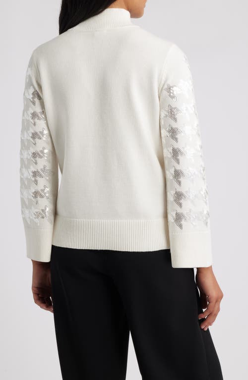 Anne Klein Sequin Houndstooth Mock Neck Sweater In White