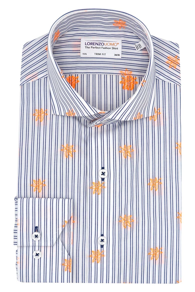 Trim Fit Stripe Neon Embroidery Dress Shirt, Main, color, WHITE/ BLUE