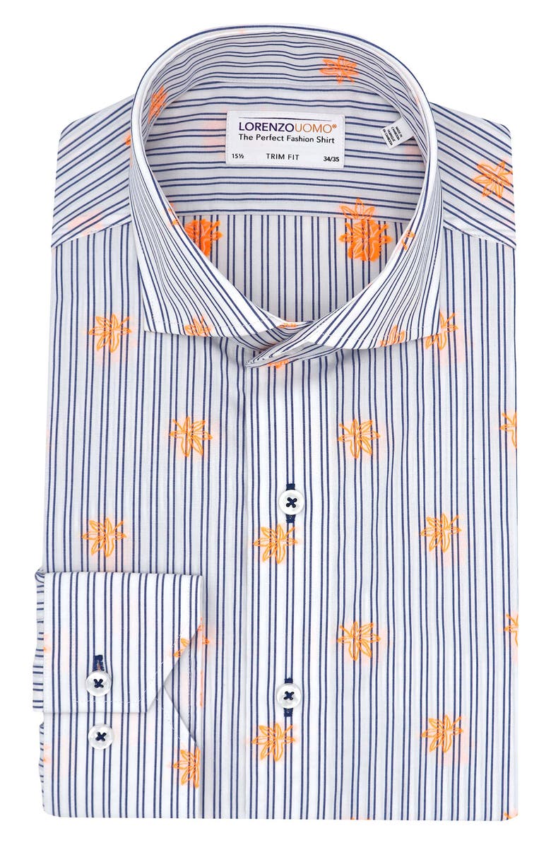 Lorenzo Uomo Trim Fit Stripe Neon Embroidery Dress Shirt, Main, color, White/ Blue