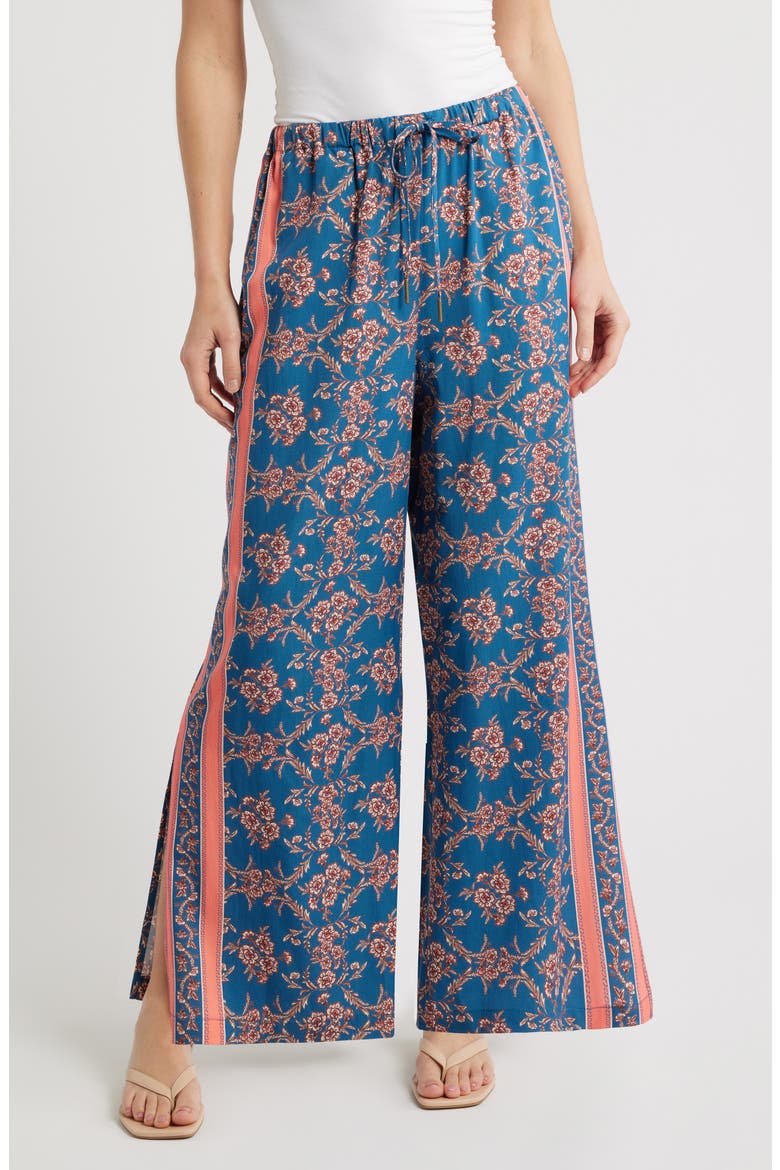 Floral Side Slit Lounge Pants, Main, color, CADET BLUE/ DUSTY PINK