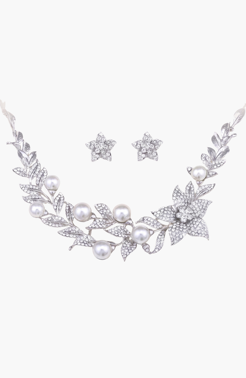 Pearl Crystal Sharp Petal Necklace and Earring Set