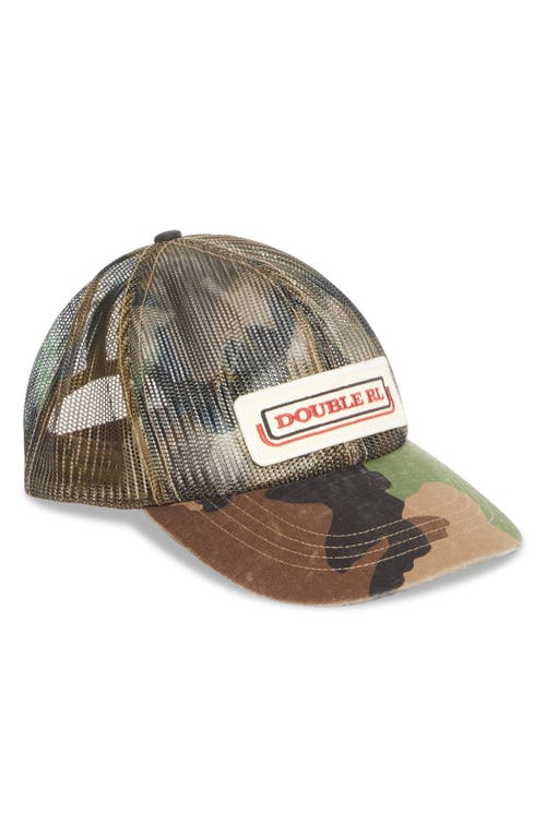 Double Rl Logo Patch Camo Print Snapback Trucker Hat In Brown