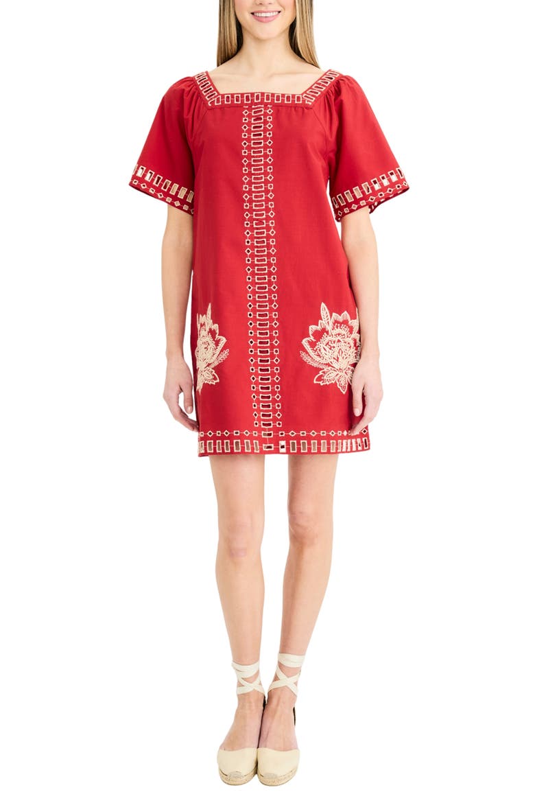 Embroidered Shift Dress, Main, color, RED/ BEIGE