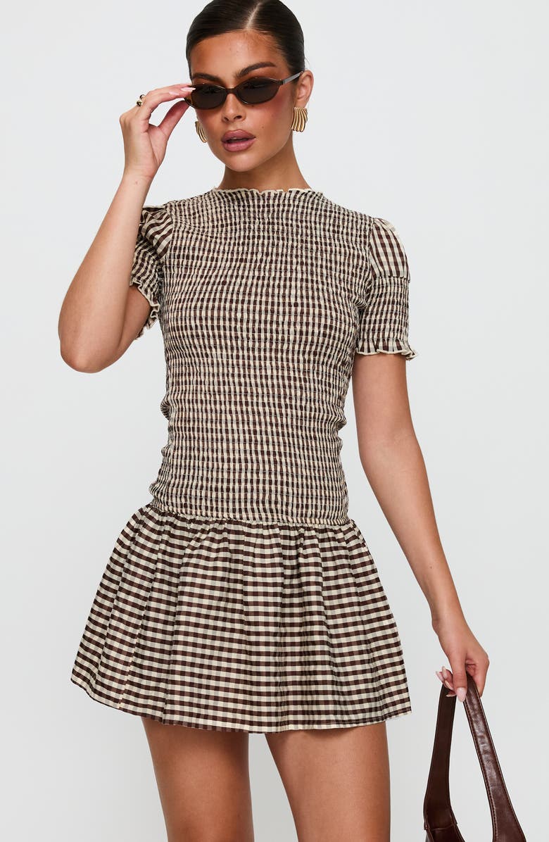 Princess Polly Laurita Gingham Smocked Minidress, Alternate, color, Brown Check