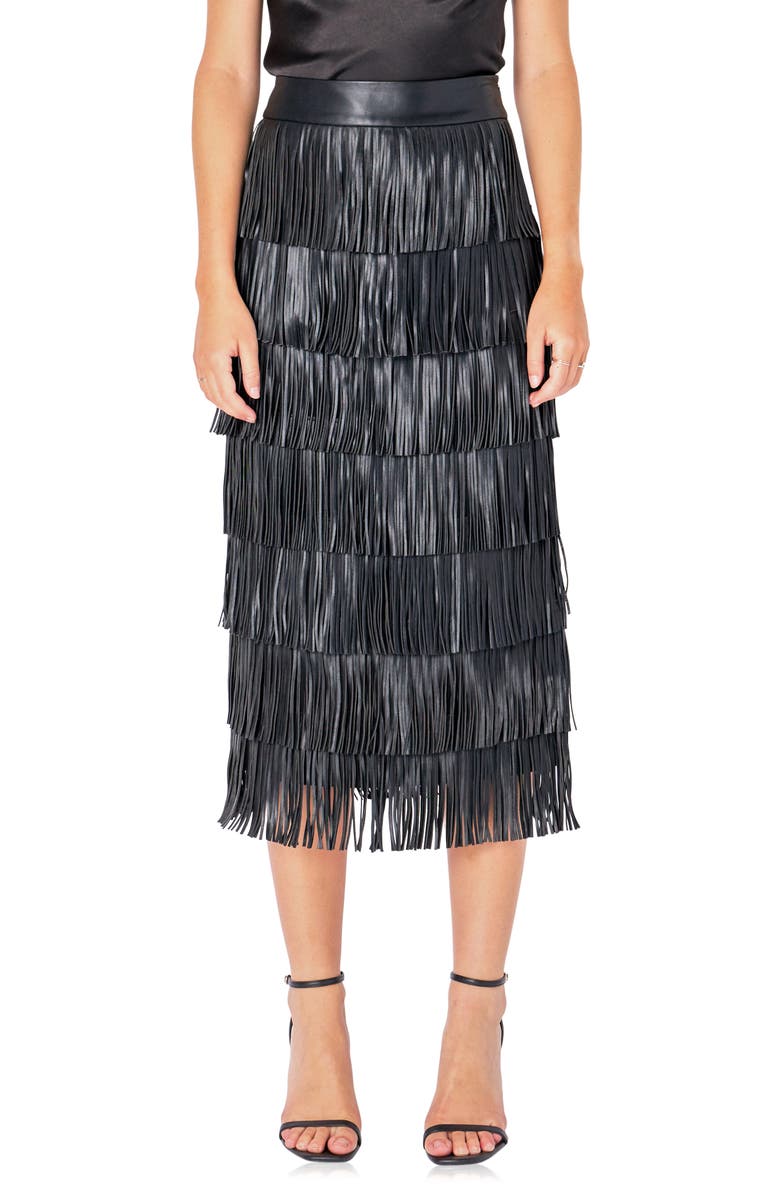 Endless Rose Fringe Tiered Faux Leather Midi Skirt, Main, color,