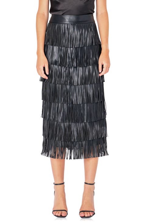 Tiered Fringe Midi Skirt Faux Suede-Black