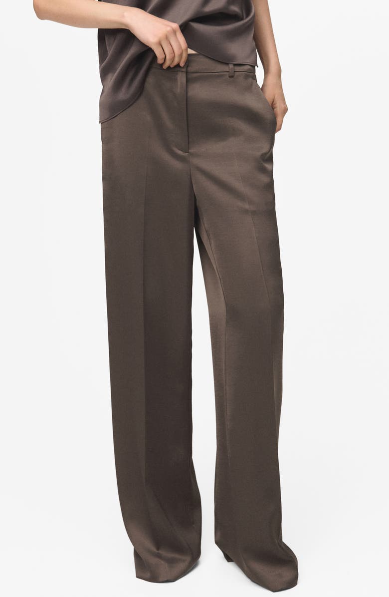 MANGO Straight Leg Satin Pants, Main, color, Medium Brown