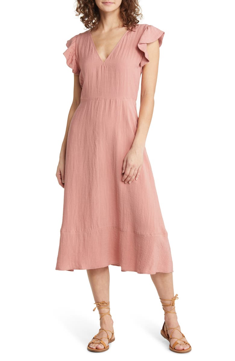 Treasure & Bond Flutter Sleeve V-Neck Midi Dress, Main, color, Pink Desert