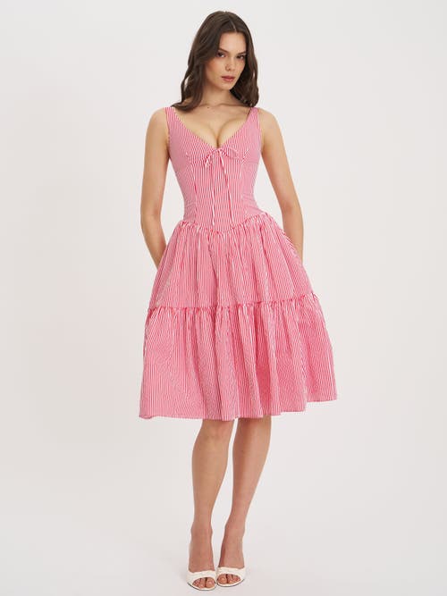 Miss Circle Women Oceana Red Candy Stripe Drop Waist Midi Dress In Pink