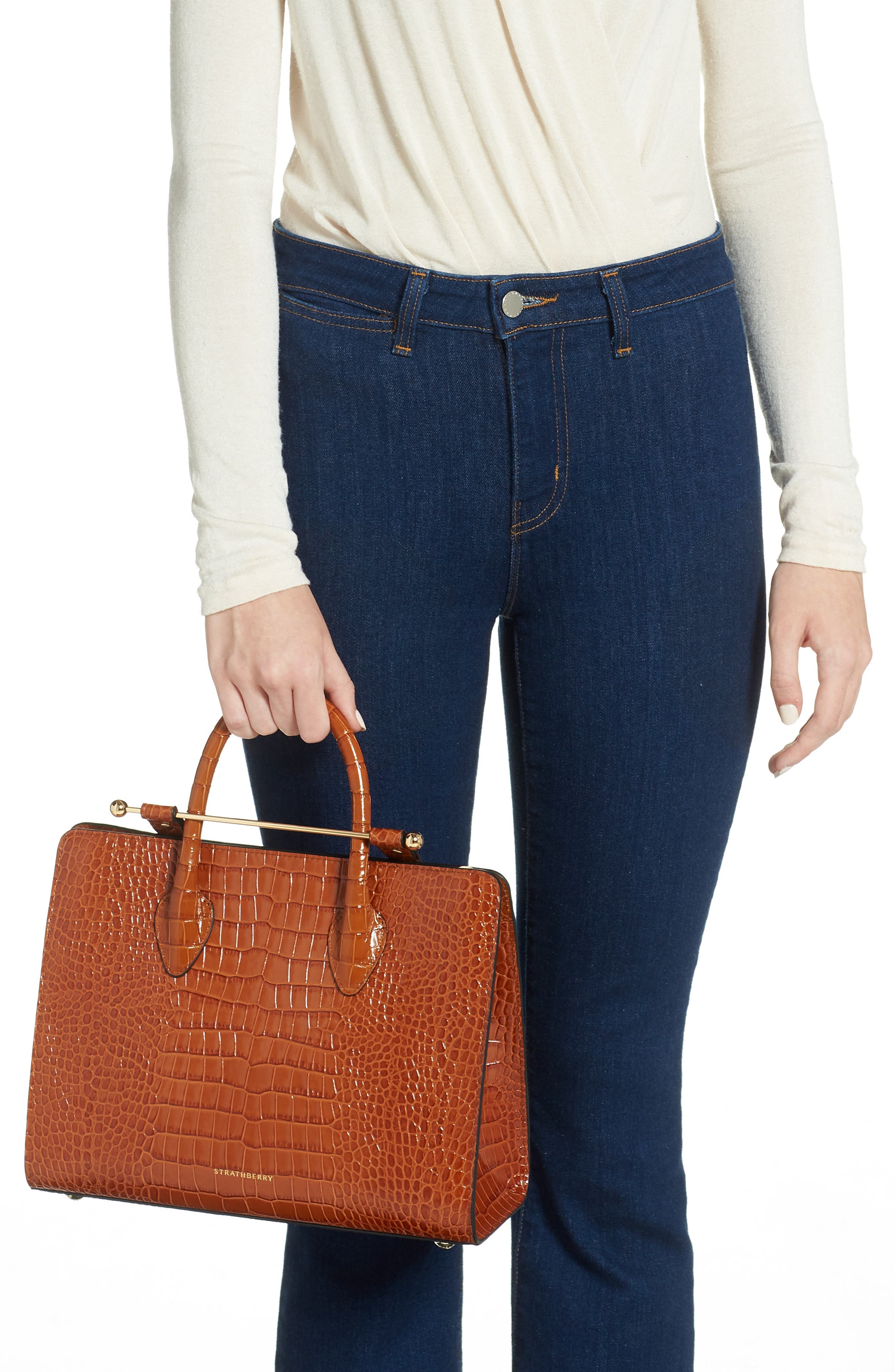 Midi Croc Embossed Leather Tote, Alternate, color, TAN
