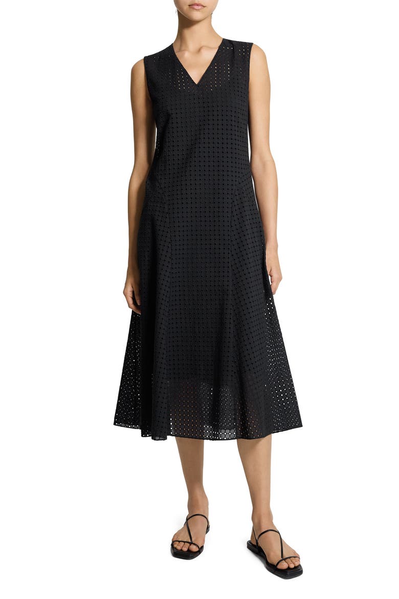 Eyelet Fit & Flare Midi Dress, Main, color, BLACK