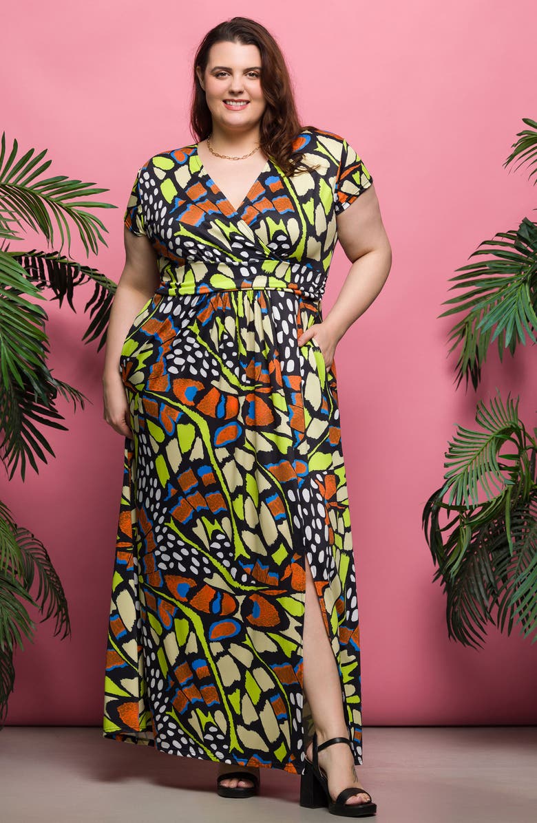 24seven Comfort Apparel Butterfly Print V-Neck Maxi Dress, Alternate, color, Orange Multi