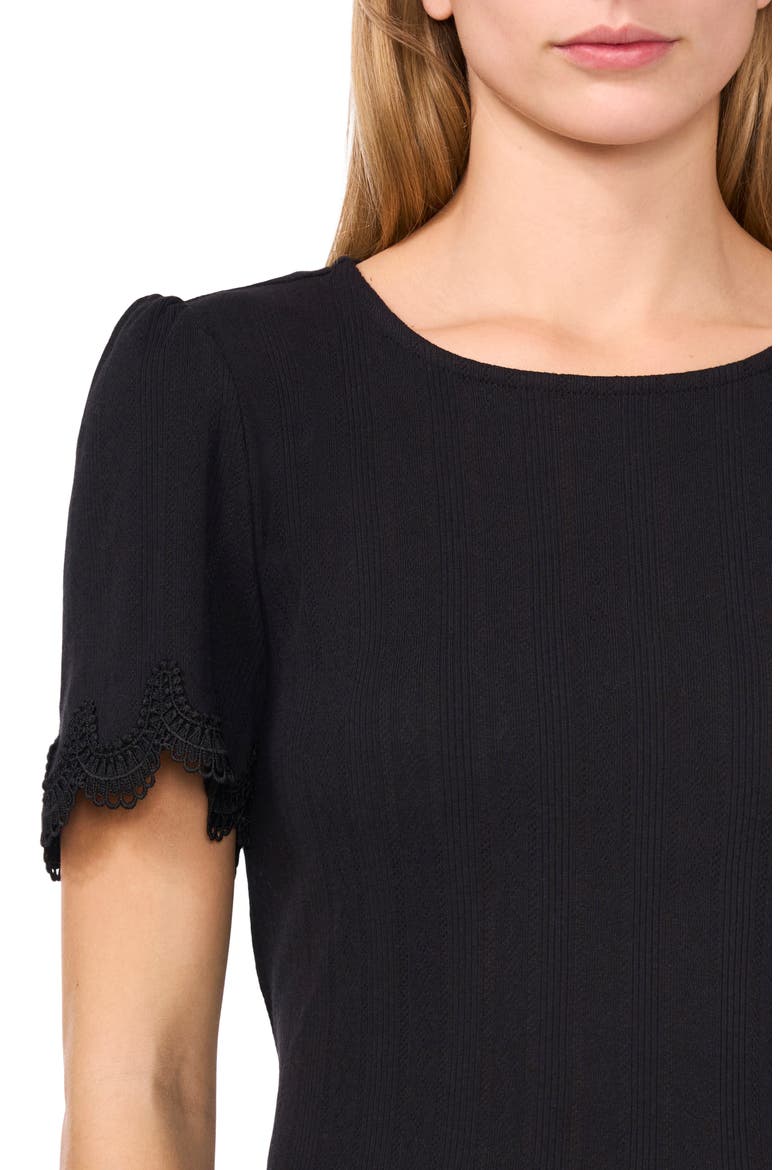 Pointelle Stitch Scalloped Cuff Cotton Blend Top, Alternate, color, RICH BLACK