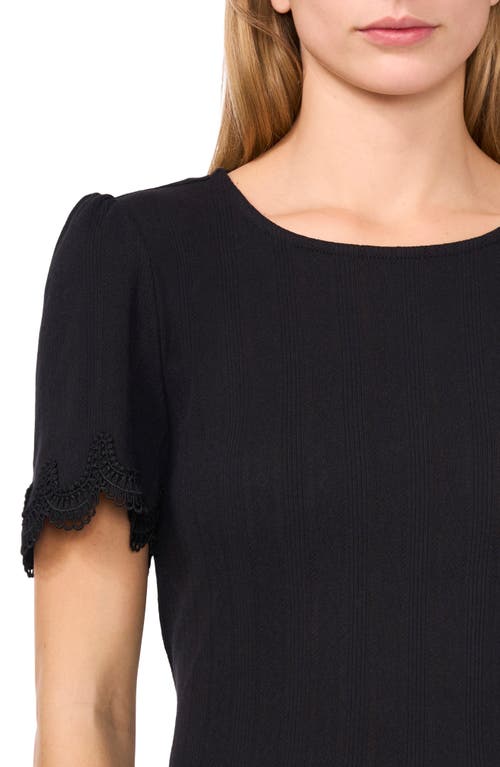 Cece Pointelle Stitch Scalloped Cuff Cotton Blend Top In Rich Black