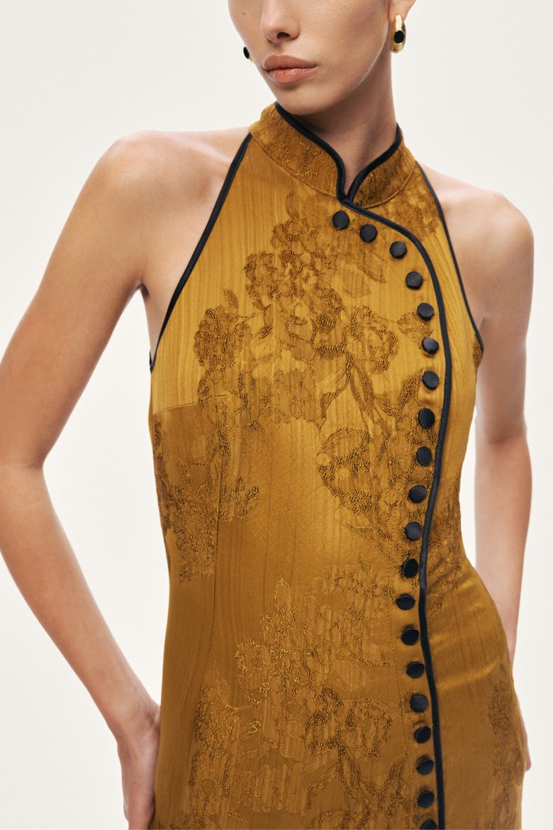 High-Neck Button-Detail Midi Dress, Alternate, color, Camel