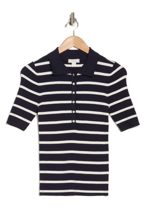 Nordstrom Rack Stripe Rib Polo Sweater In Navy Night- Ivory Tofu Stripe