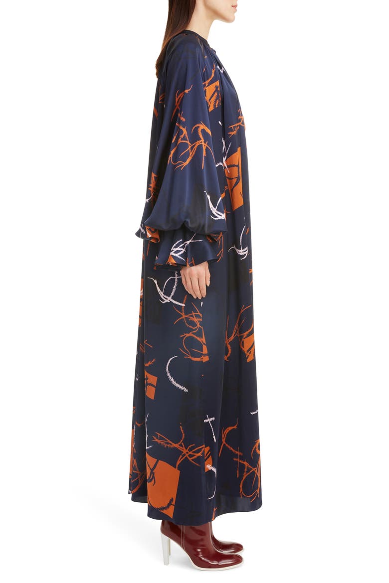 Print Long Sleeve Silk Satin Dress, Alternate, color, MIDNIGHT