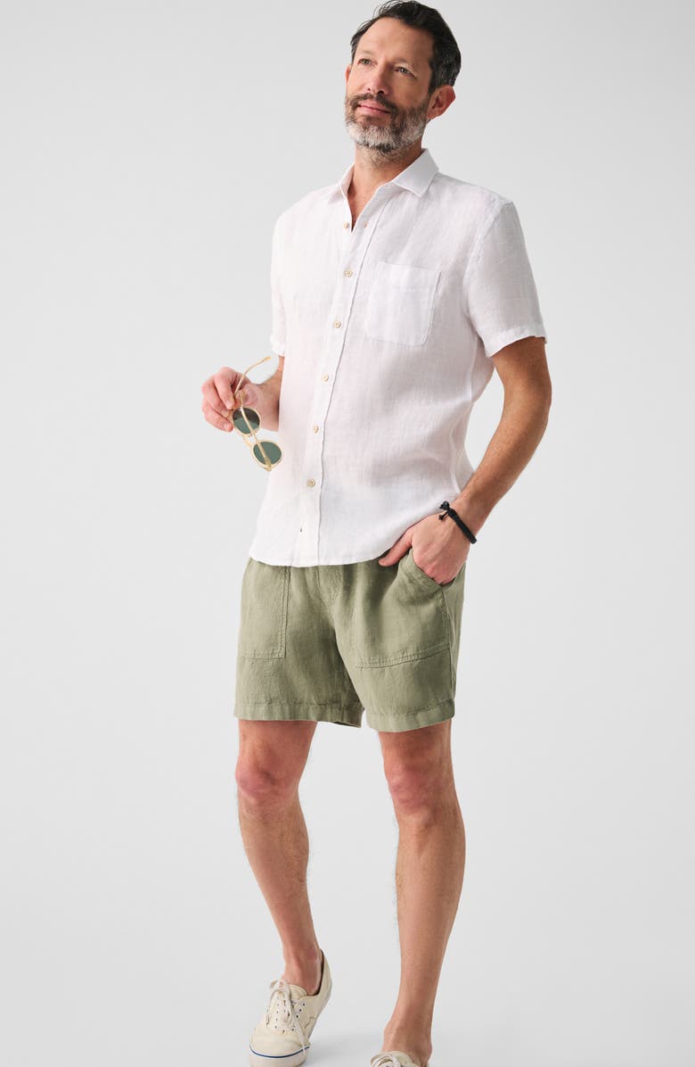 Faherty Palma Linen Short Sleeve Button-Up Shirt, Alternate, color, Bright White Basketweave