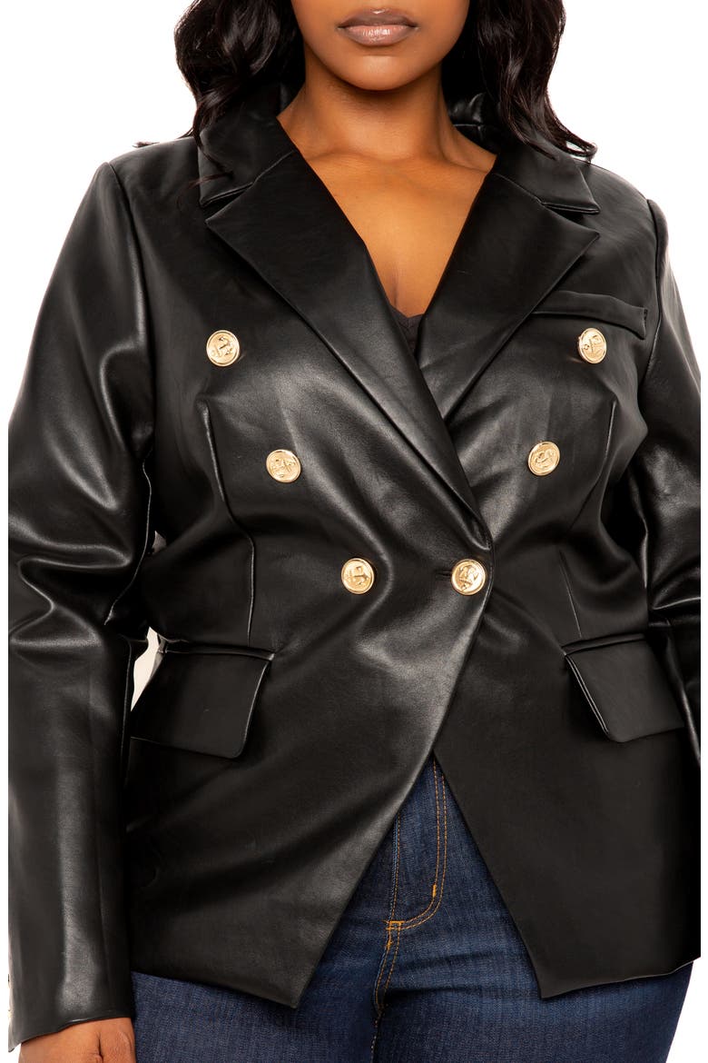 Faux Leather Double Breasted Blazer, Alternate, color, BLACK