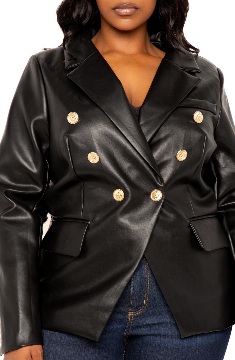 BUXOM COUTURE Faux Leather Double Breasted Blazer, Alternate, color, Black