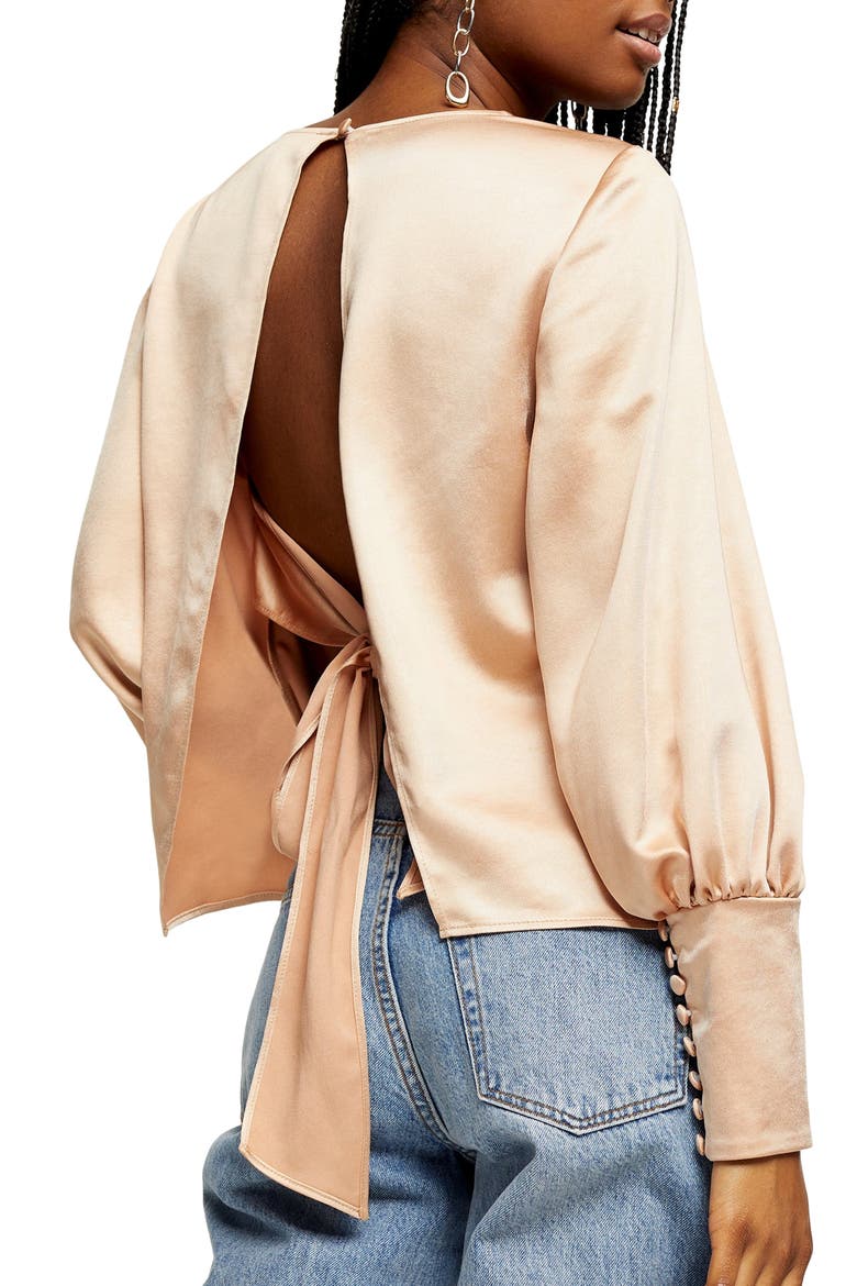 Tie Back Long Sleeve Satin Blouse, Alternate, color, CREAM