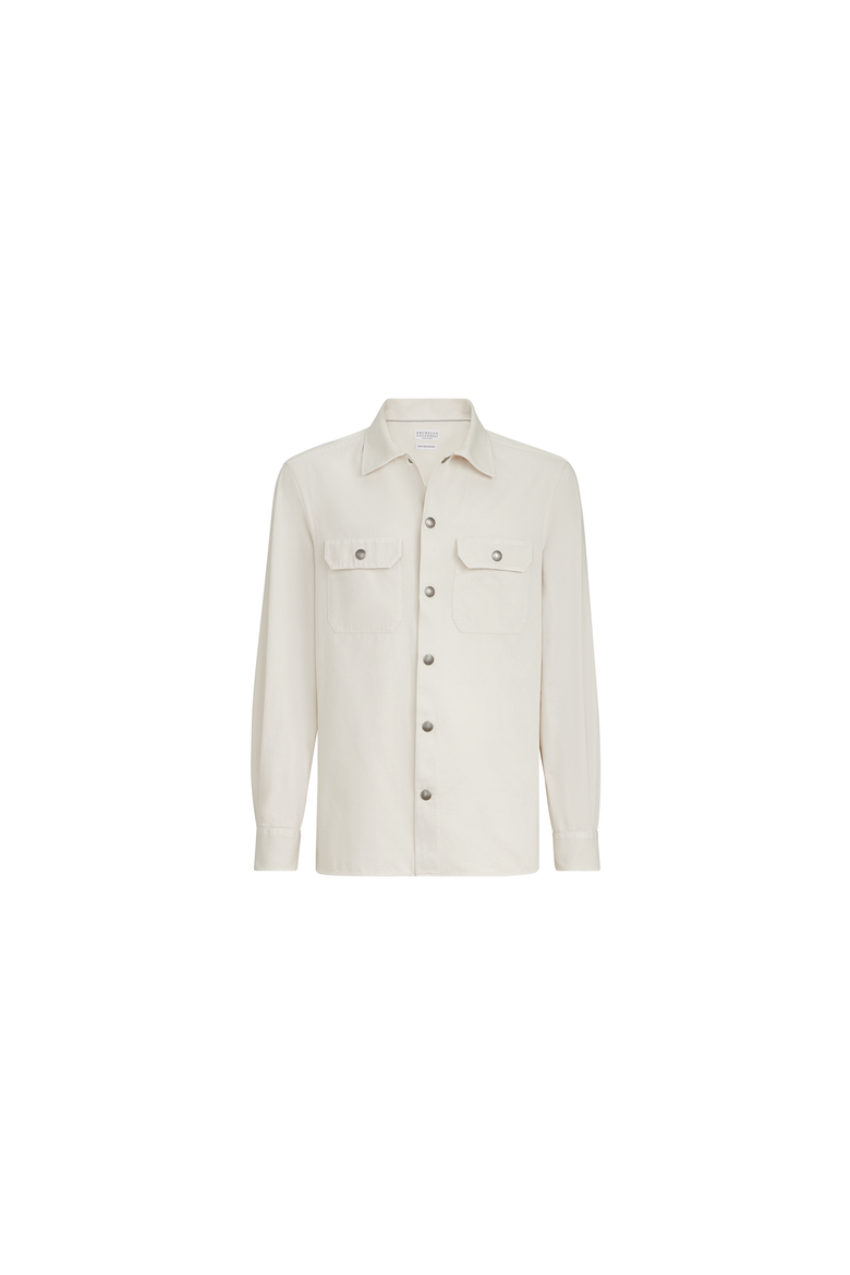 Garment-dyed overshirt in cotton gabardine with spread collar and chest pockets, Alternate, color, White