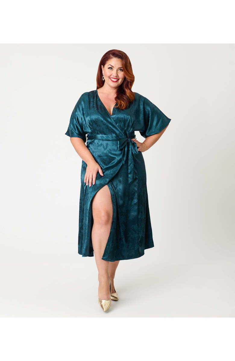 Unique Vintage Plus Size Tie Wrap Surplice Midi Dress, Main, color, Teal Floral