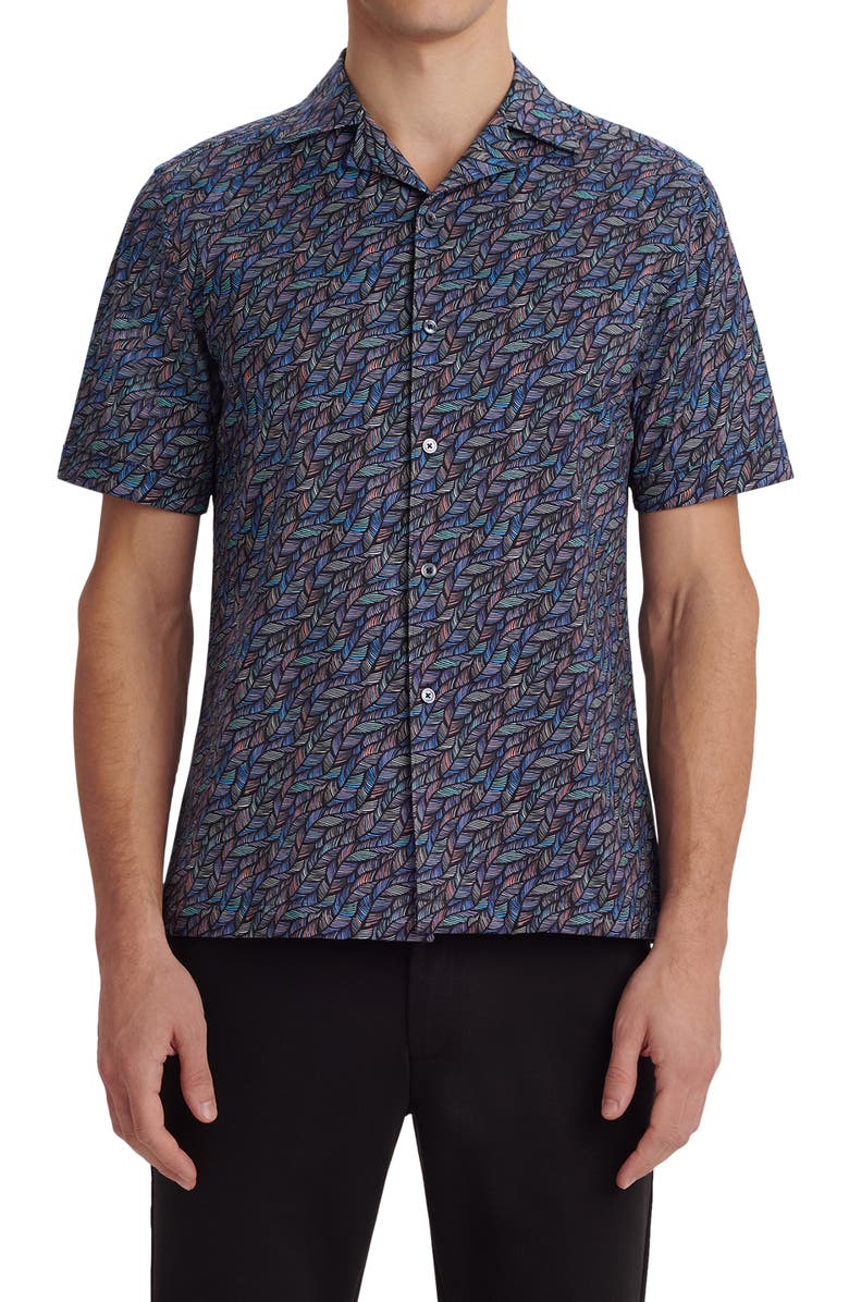 Bugatchi OoohCotton<sup>®</sup> Tech Short Sleeve Button-Up Camp Shirt, Main, color, Navy