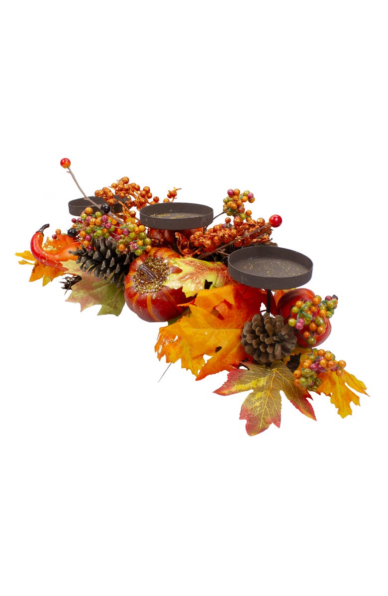 Northlight 21" Orange Fall Harvest Leaves and Pumpkins Candle Holder, Alternate, color, 