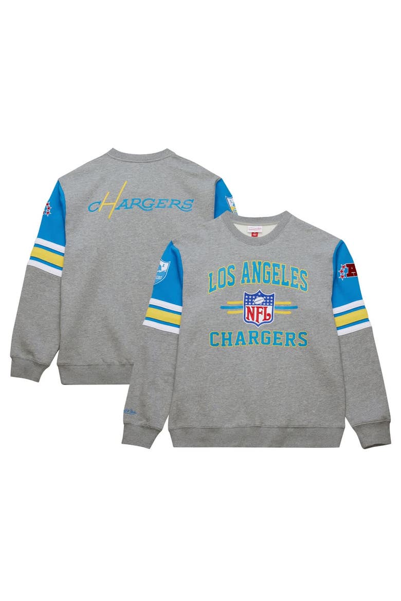 Men's Mitchell & Ness Heather Gray Los Angeles Chargers All Over 4.0 Vintage Logo Pullover Sweatshirt, Main, color, Heather Gray