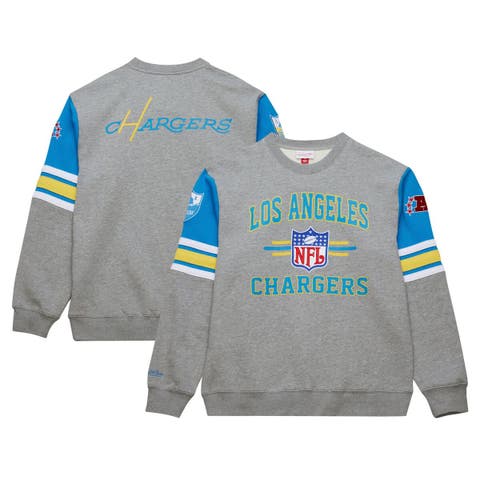 Men's Mitchell & Ness Heather Gray Los Angeles Chargers All Over 4.0 Vintage Logo Pullover Sweatshirt