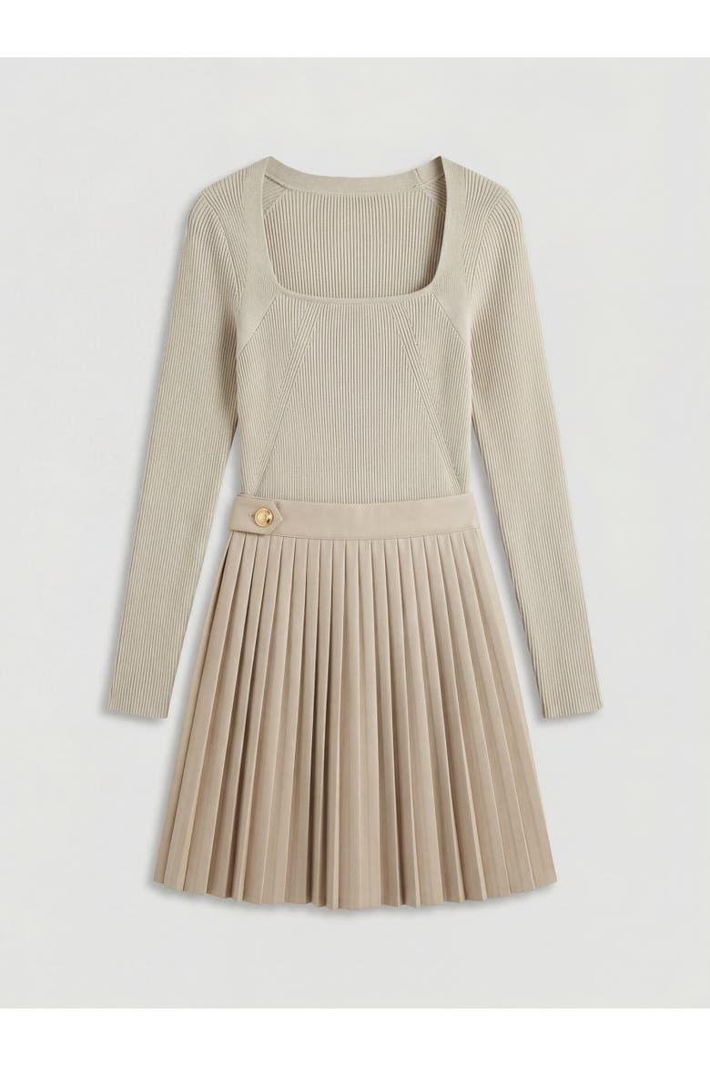 Square Neck Pleated PU Skirt Mini Dress, Alternate, color, Stone
