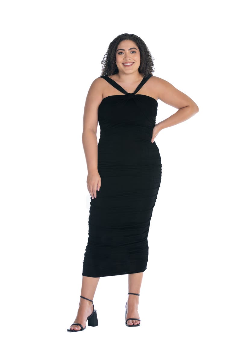 24seven Comfort Apparel Halter Cross Neck Ruched Bodycon Mid Dress, Main, color, Black