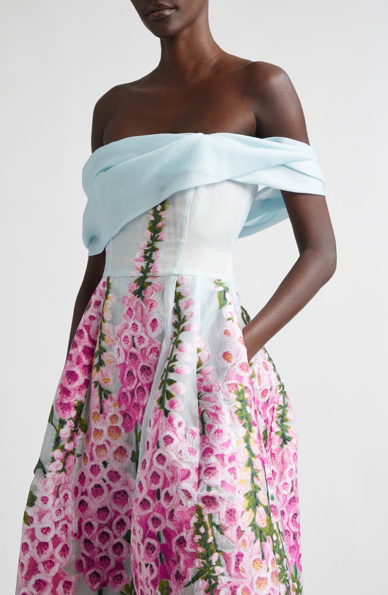 Oscar de la Renta Foxglove Print Off the Shoulder Organza Dress, Alternate, color, Lilac/ Sky