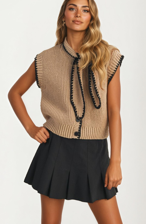 Contrast Trim Sleeveless Knit Vest with Tie Detail