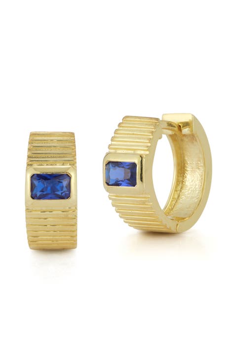 Blue CZ Ribbed Hoop Earrings