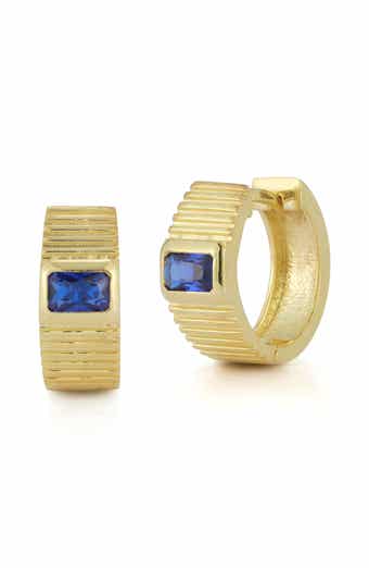Blue CZ Ribbed Hoop Earrings