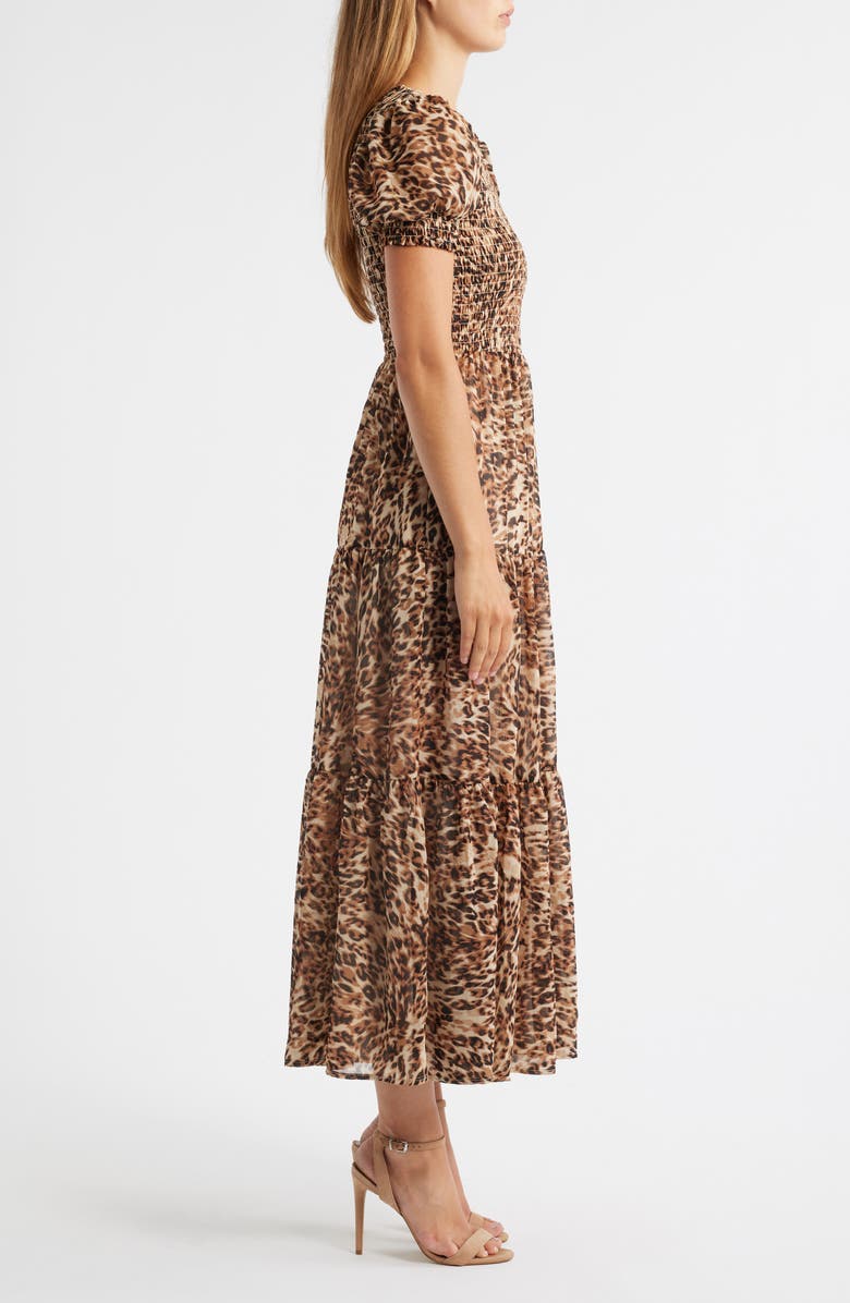 Anne Klein Smocked Puff Sleeve Maxi Dress, Alternate, color, Light Coffee Multi