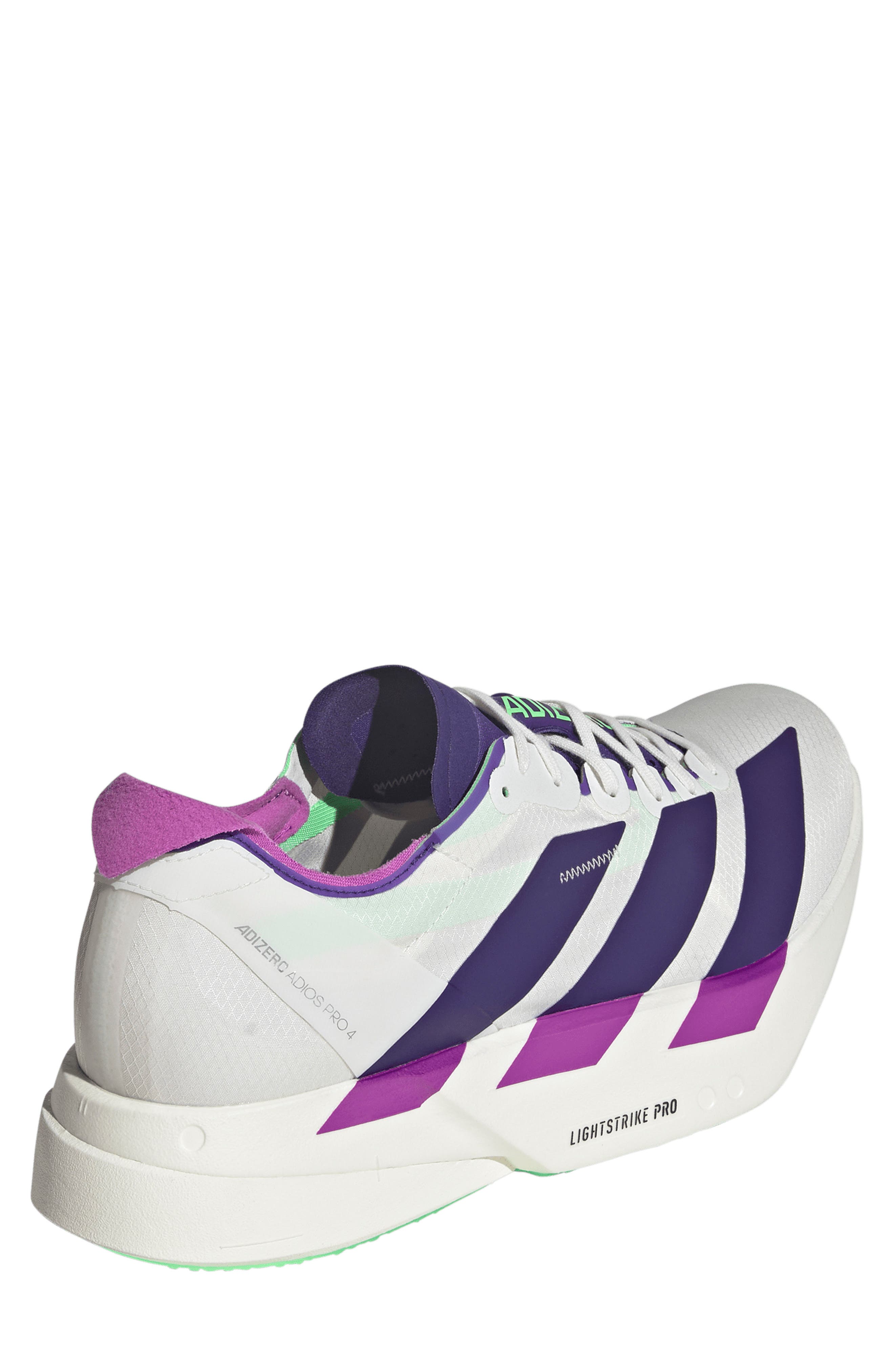 adidas Adizero Adios Pro 4 Racing Shoe, Alternate, color, White/ Purple/Lime Burst