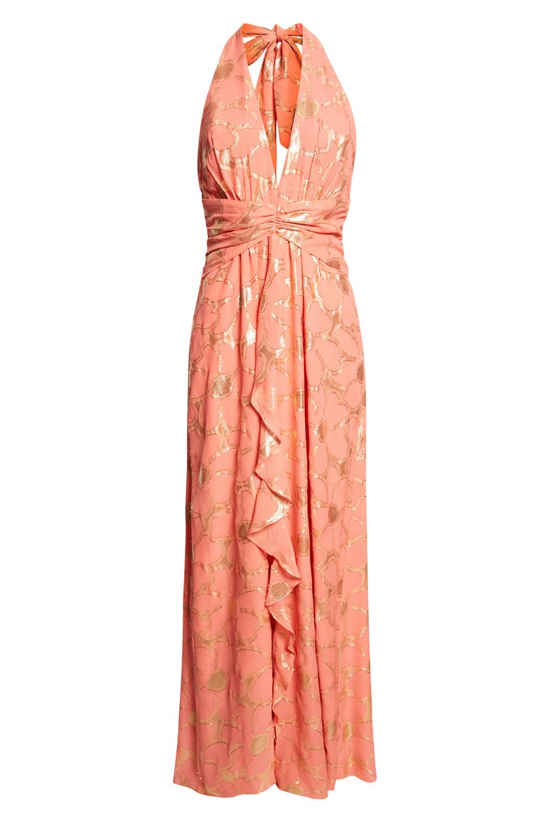Stephanie Metallic Daisy Print Halter Gown, Alternate, color, CORAL JACQUARD