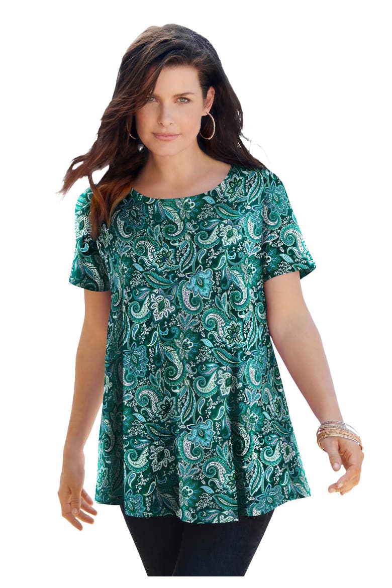 Plus Size Ultimate Cotton Crewneck Short Sleeve Swing Tee, Main, color, EMERALD RUSTIC PAISLEY