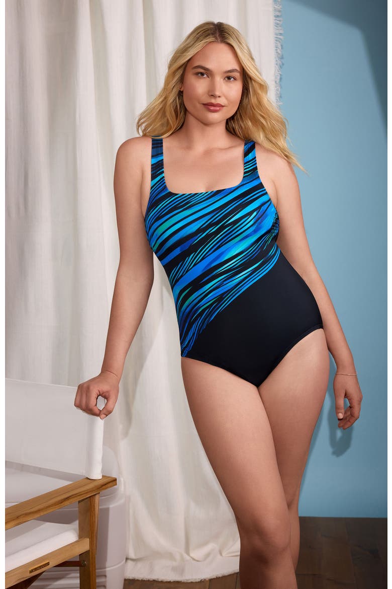 Scoopneck Tank Chlorine Resistant Adjustable One-Piece Swimsuit, Alternate, color, Blue Wave Power