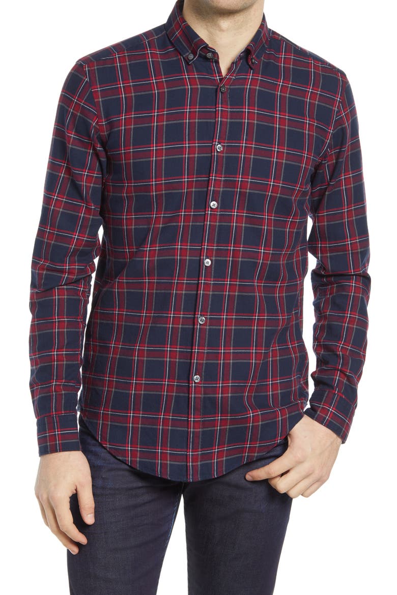 Rikard Slim Fit Plaid Flannel Button-Down Shirt, Main, color, DARK RED