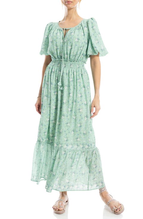Bubble Sleeve Tiered Maxi Dress