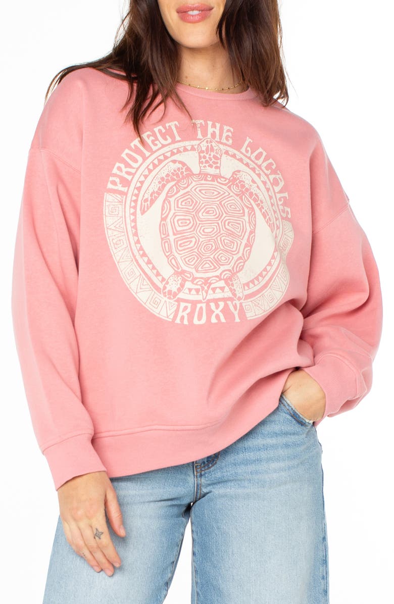 Roxy Morning Hike Oversize Fleece Graphic Sweatshirt, Main, color, Mauve Glow Protect The Locals