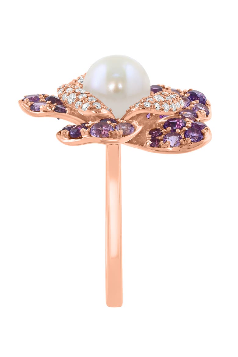 14K Rose Gold Diamond Amethyst & Fresh Water Pearl Flower Statement Ring, Alternate, color, 14K Gold