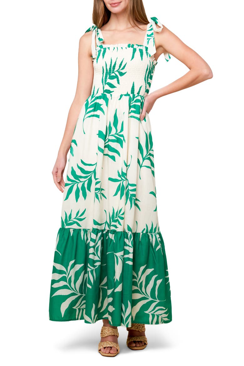 Leaf Print Tie Strap Tiered Maxi Dress, Main, color, IVORY GREEN